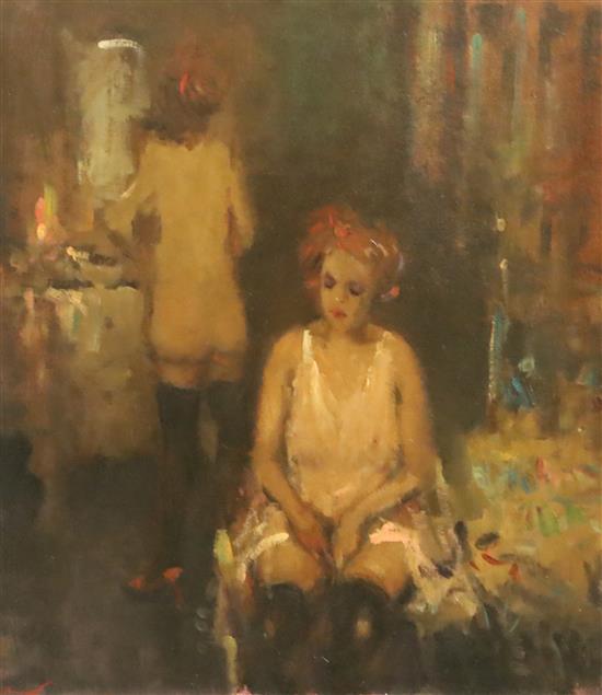 Ken Moroney (b.1949) Dressing room scene 17.5 x 15.25in., unframed